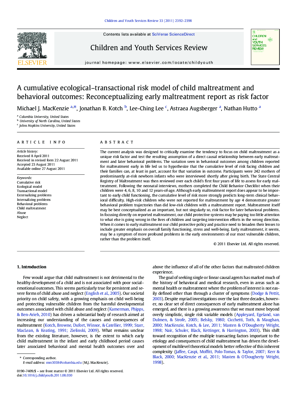 A cumulative ecological–transactional risk model of child maltreatment and behavioral outcomes: Reconceptualizing early maltreatment report as risk factor