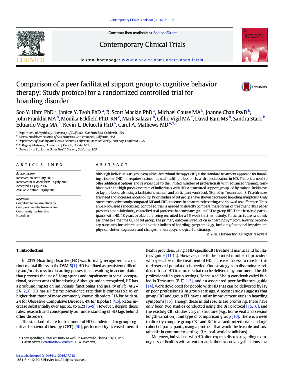 Comparison of a peer facilitated support group to cognitive behavior therapy: Study protocol for a randomized controlled trial for hoarding disorder