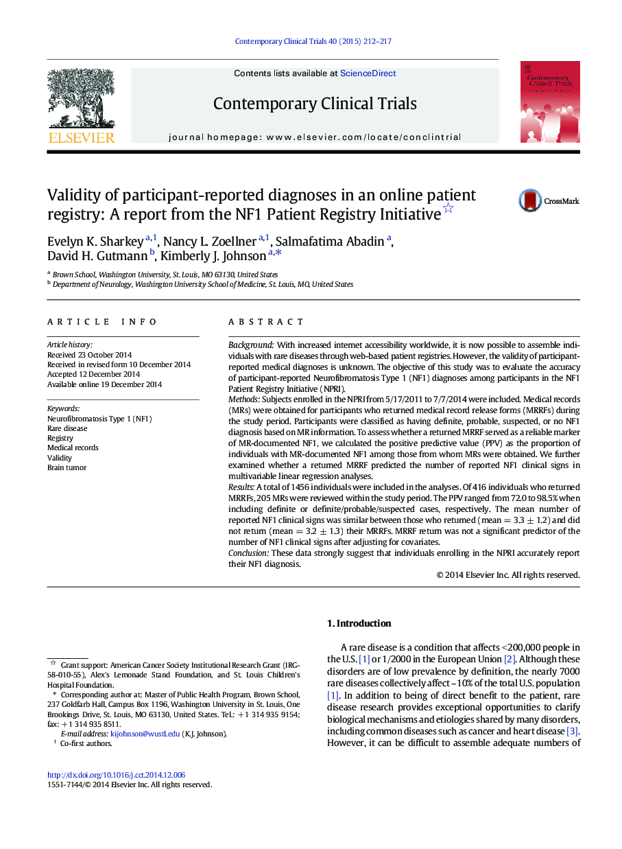 Validity of participant-reported diagnoses in an online patient registry: A report from the NF1 Patient Registry Initiative 