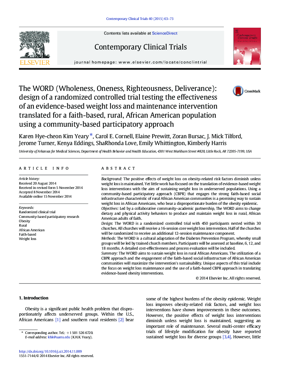 The WORD (Wholeness, Oneness, Righteousness, Deliverance): design of a randomized controlled trial testing the effectiveness of an evidence-based weight loss and maintenance intervention translated for a faith-based, rural, African American population usi