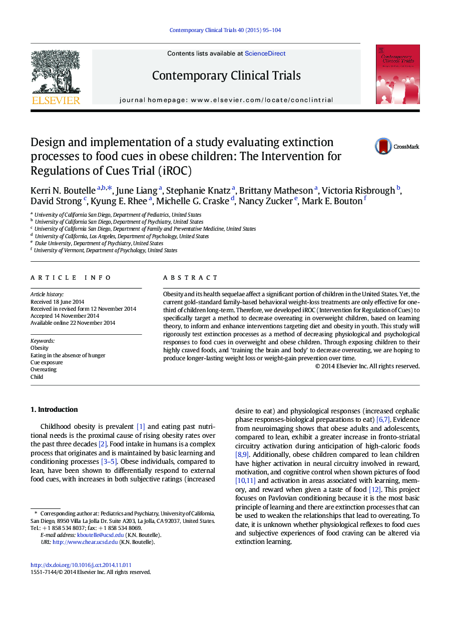 Design and implementation of a study evaluating extinction processes to food cues in obese children: The Intervention for Regulations of Cues Trial (iROC)