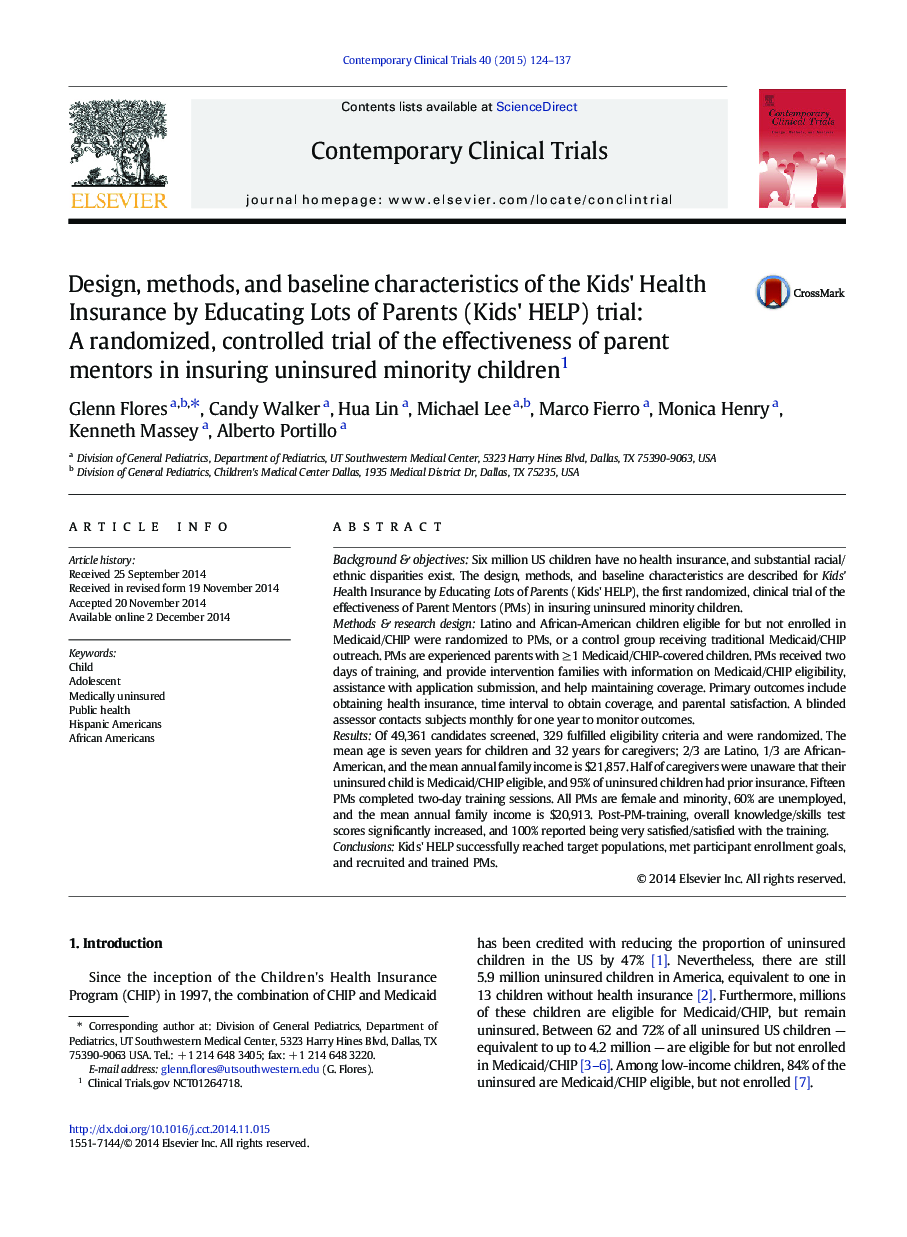 Design, methods, and baseline characteristics of the Kids' Health Insurance by Educating Lots of Parents (Kids' HELP) trial: A randomized, controlled trial of the effectiveness of parent mentors in insuring uninsured minority children1