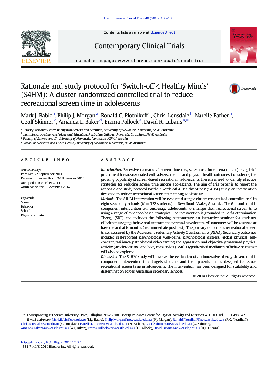 Rationale and study protocol for ‘Switch-off 4 Healthy Minds’ (S4HM): A cluster randomized controlled trial to reduce recreational screen time in adolescents