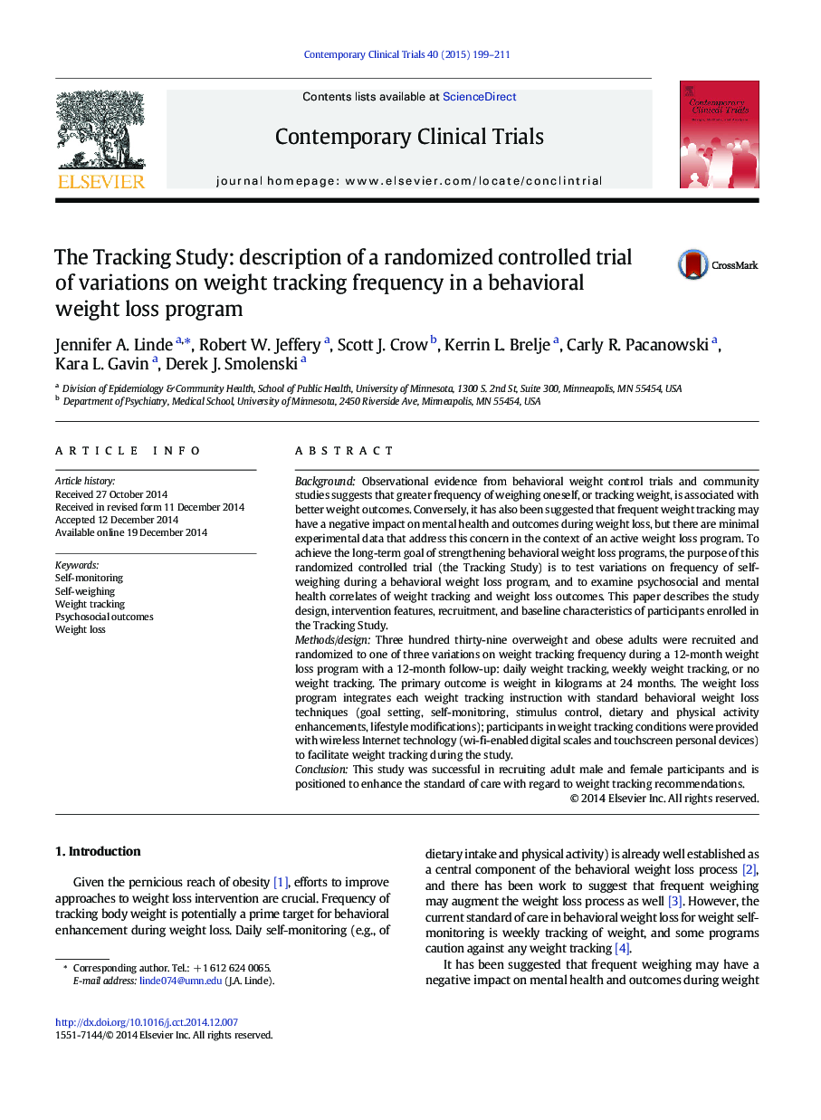 مطالعه ردیابی: شرح یک کارآزمایی کنترل شده تصادفی از تغییرات در فرکانس ردیابی وزن در یک برنامه کاهش وزن رفتاری 