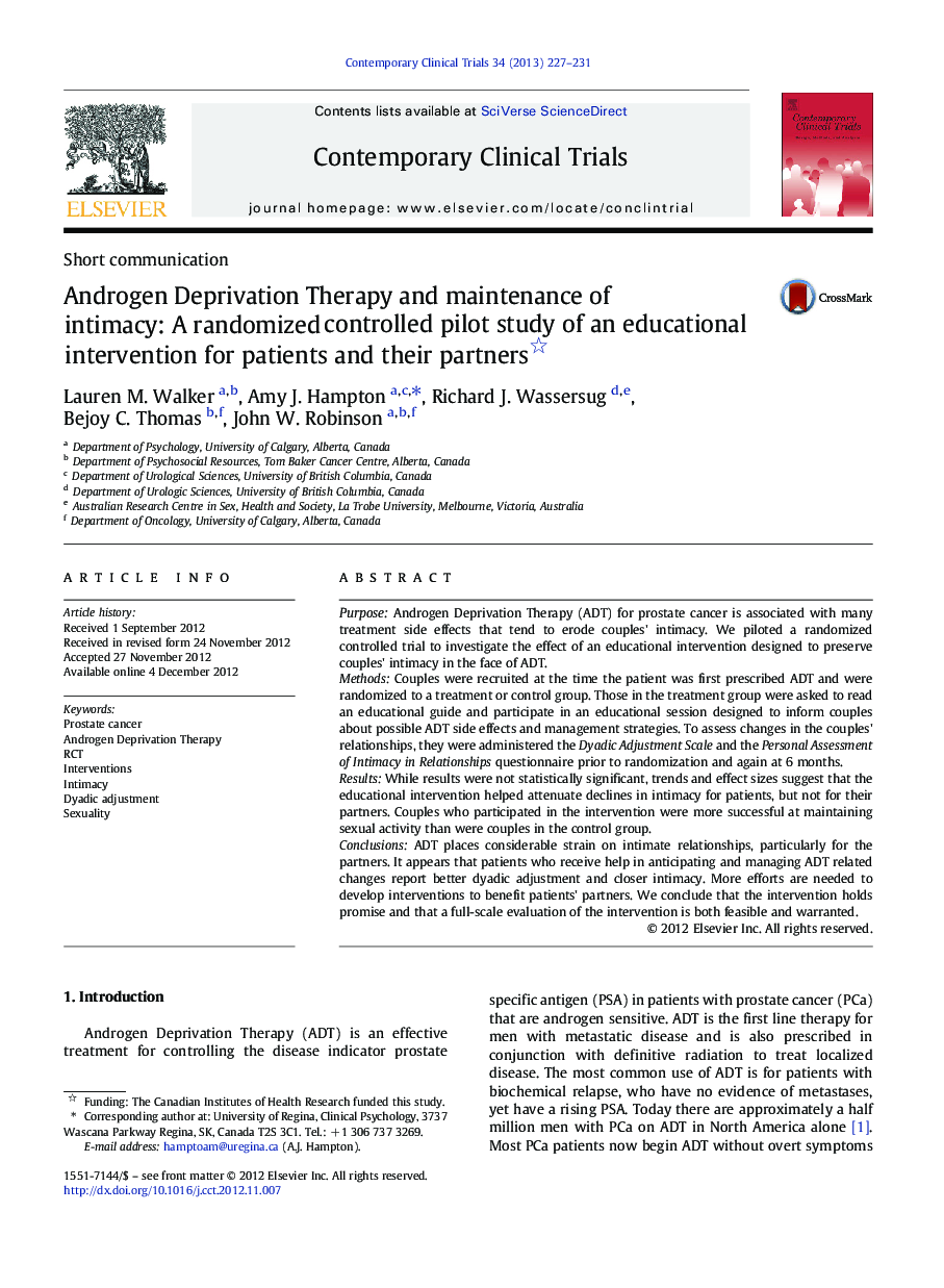Androgen Deprivation Therapy and maintenance of intimacy: A randomized controlled pilot study of an educational intervention for patients and their partners 