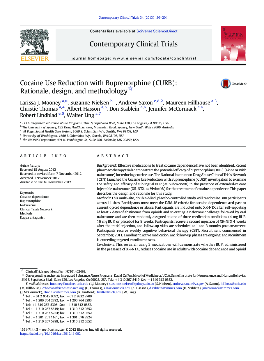 Cocaine Use Reduction with Buprenorphine (CURB): Rationale, design, and methodology 