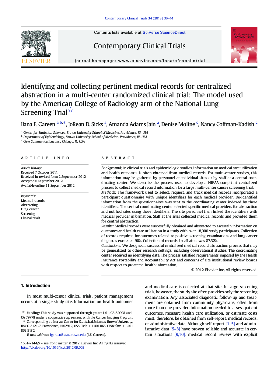 Identifying and collecting pertinent medical records for centralized abstraction in a multi-center randomized clinical trial: The model used by the American College of Radiology arm of the National Lung Screening Trial 