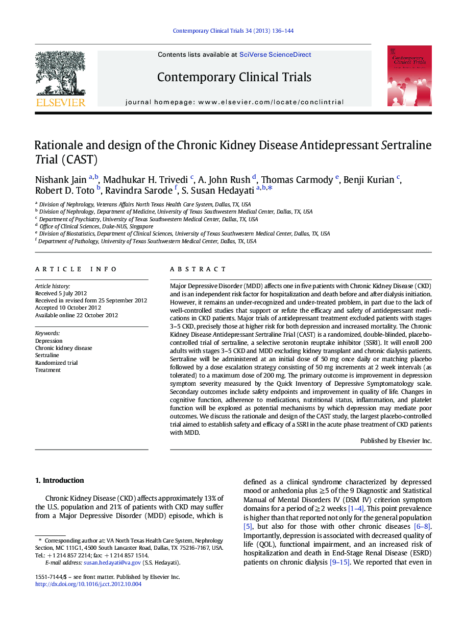 Rationale and design of the Chronic Kidney Disease Antidepressant Sertraline Trial (CAST)