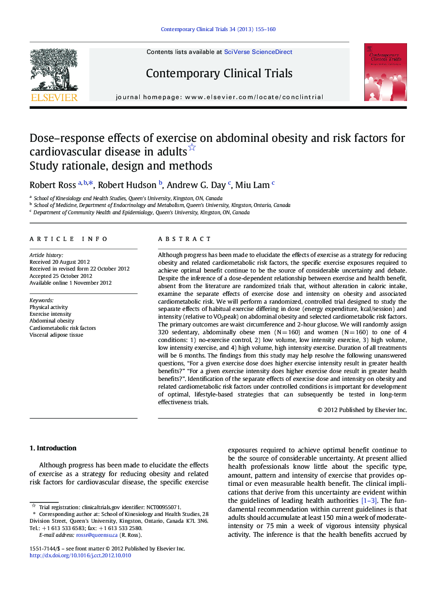 Dose–response effects of exercise on abdominal obesity and risk factors for cardiovascular disease in adults : Study rationale, design and methods