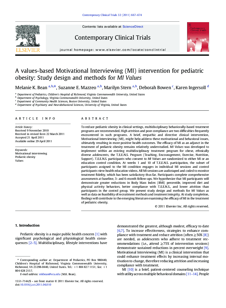 A values-based Motivational Interviewing (MI) intervention for pediatric obesity: Study design and methods for MI Values