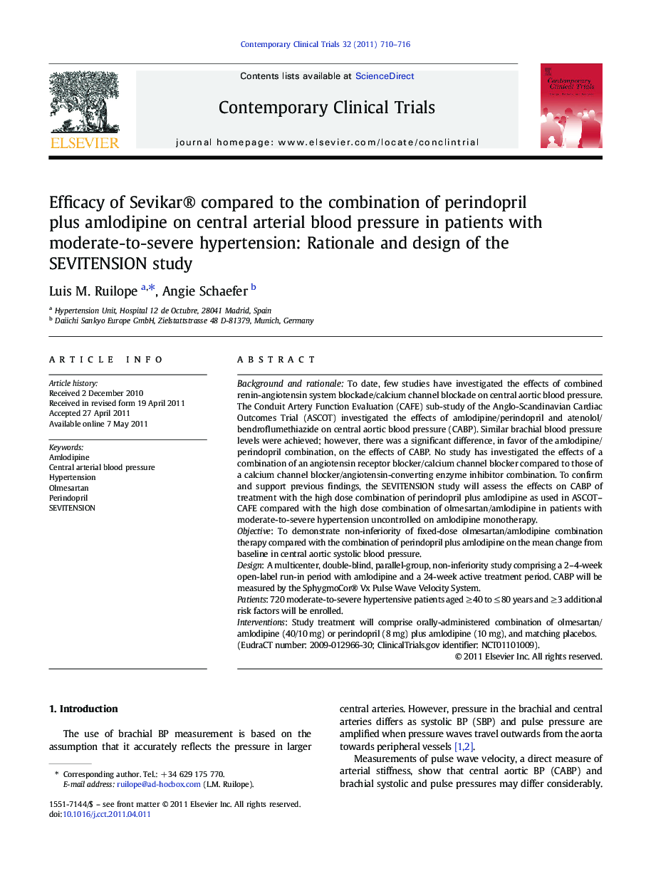 Efficacy of Sevikar® compared to the combination of perindopril plus amlodipine on central arterial blood pressure in patients with moderate-to-severe hypertension: Rationale and design of the SEVITENSION study