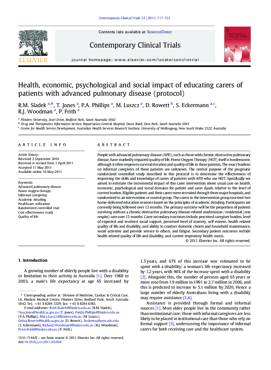 Health, economic, psychological and social impact of educating carers of patients with advanced pulmonary disease (protocol)