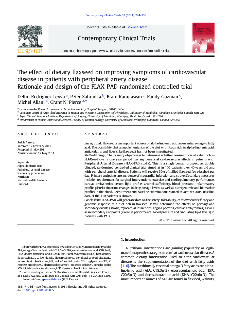 The effect of dietary flaxseed on improving symptoms of cardiovascular disease in patients with peripheral artery disease: Rationale and design of the FLAX-PAD randomized controlled trial