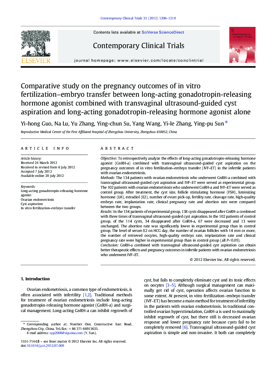 Comparative study on the pregnancy outcomes of in vitro fertilization–embryo transfer between long-acting gonadotropin-releasing hormone agonist combined with transvaginal ultrasound-guided cyst aspiration and long-acting gonadotropin-releasing hormone ag