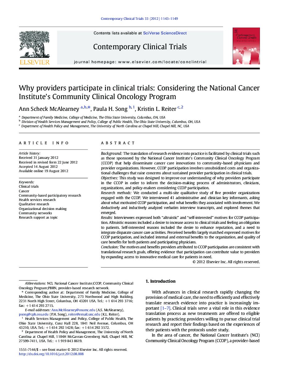 Why providers participate in clinical trials: Considering the National Cancer Institute's Community Clinical Oncology Program