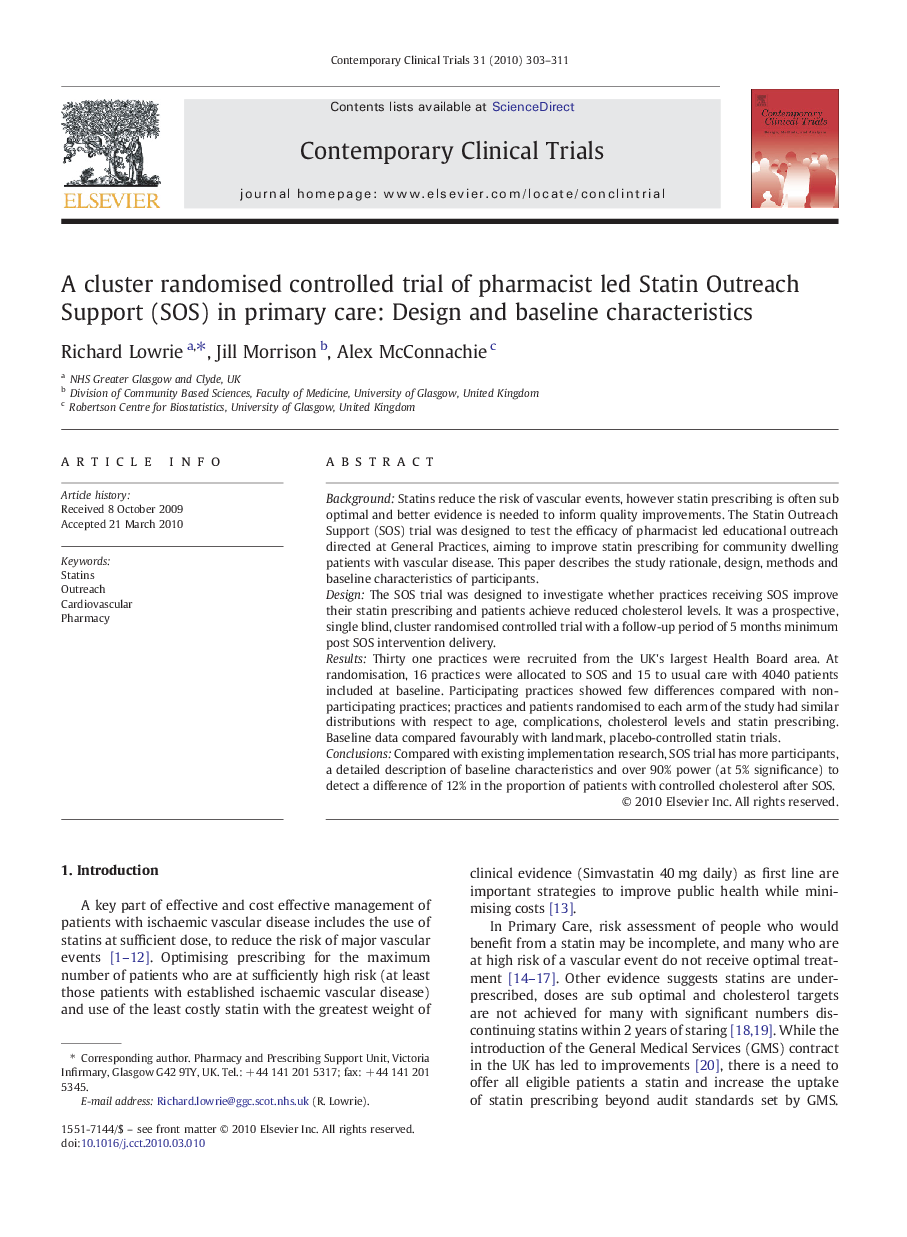 A cluster randomised controlled trial of pharmacist led Statin Outreach Support (SOS) in primary care: Design and baseline characteristics