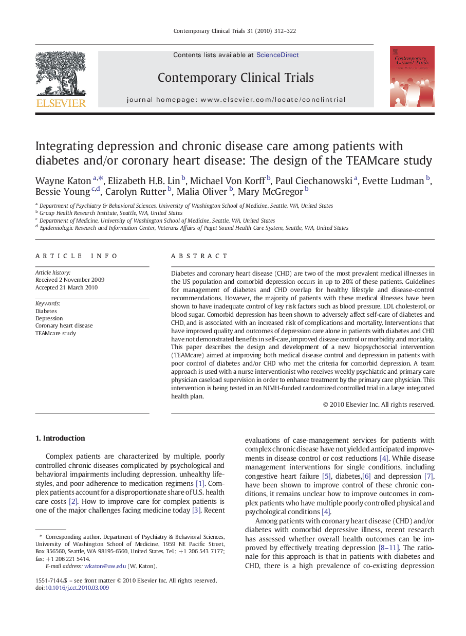 Integrating depression and chronic disease care among patients with diabetes and/or coronary heart disease: The design of the TEAMcare study