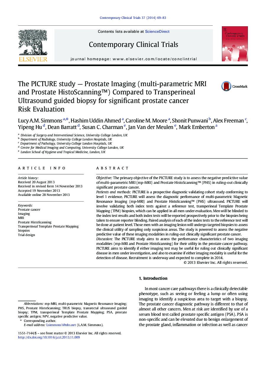 The PICTURE study — Prostate Imaging (multi-parametric MRI and Prostate HistoScanning™) Compared to Transperineal Ultrasound guided biopsy for significant prostate cancer Risk Evaluation