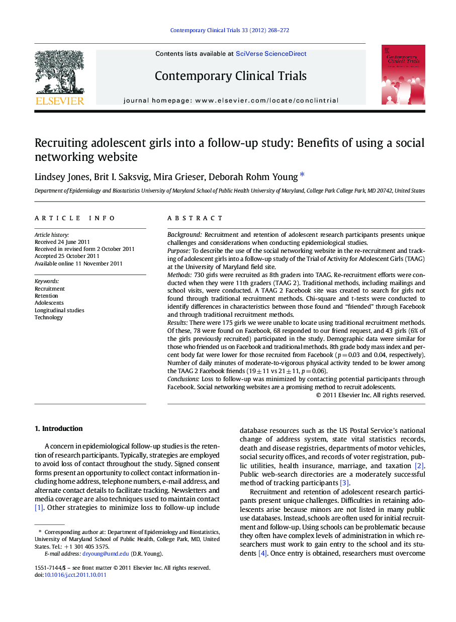 Recruiting adolescent girls into a follow-up study: Benefits of using a social networking website