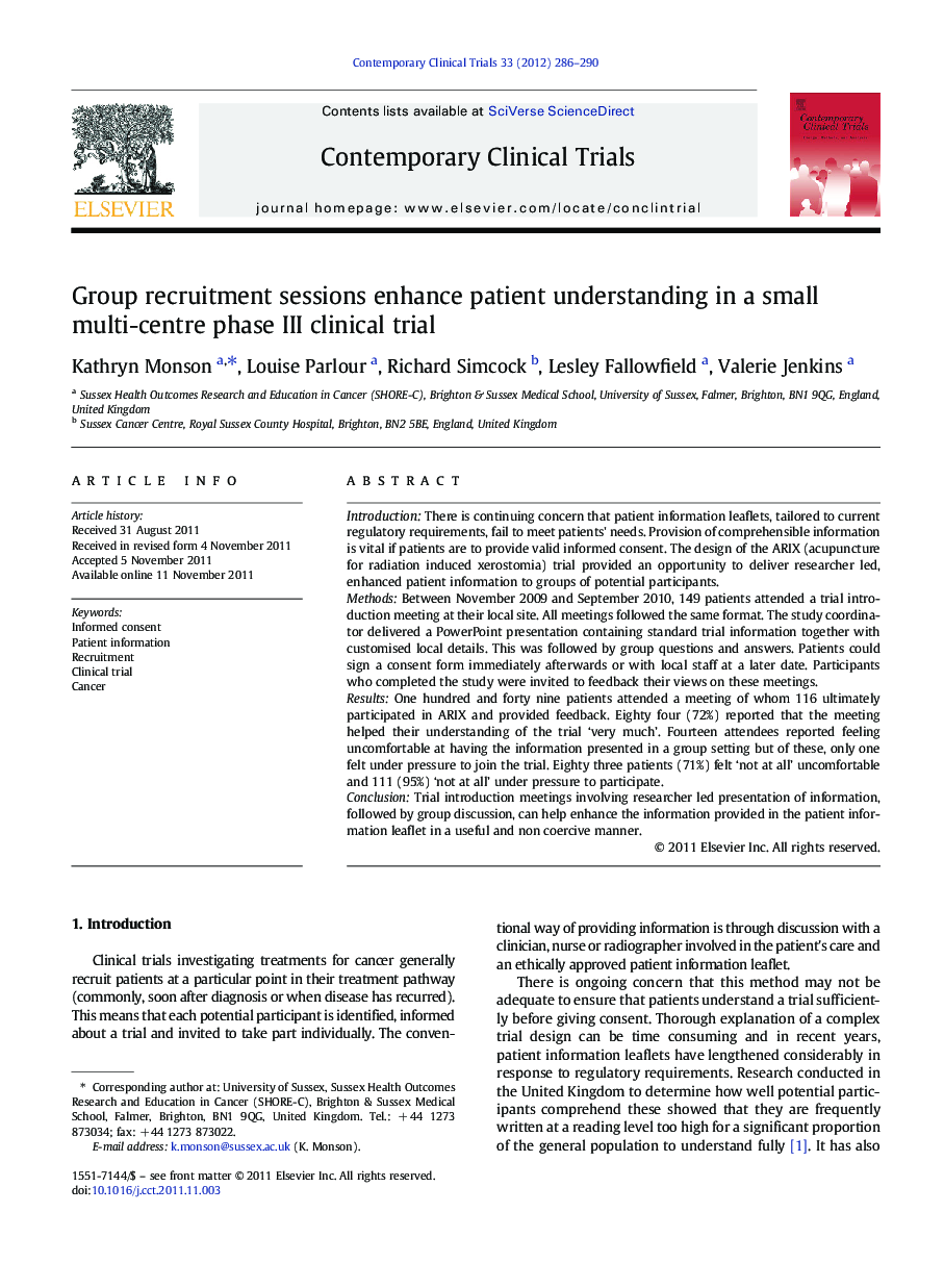 عکس صفحه اول مقاله: Group recruitment sessions enhance patient understanding in a small multi-centre phase III clinical trial Group recruitment sessions enhance patient understanding in a small multi-centre phase III clinical trial