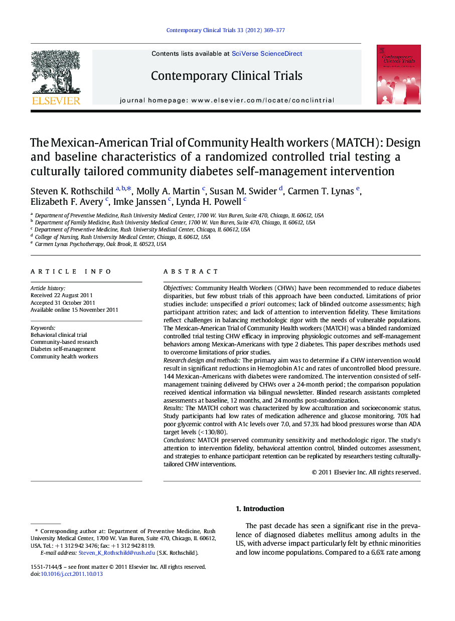 The Mexican-American Trial of Community Health workers (MATCH): Design and baseline characteristics of a randomized controlled trial testing a culturally tailored community diabetes self-management intervention