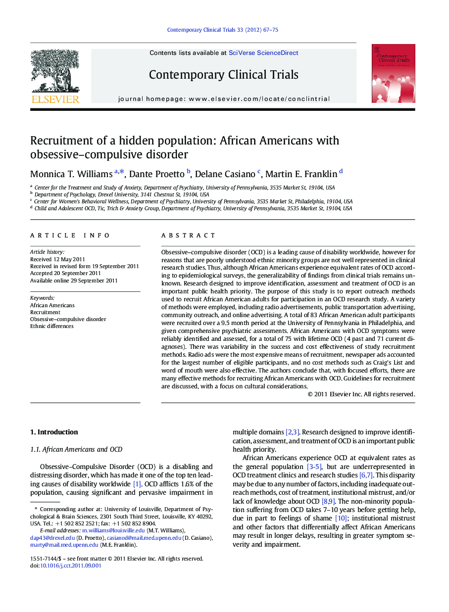 Recruitment of a hidden population: African Americans with obsessive–compulsive disorder