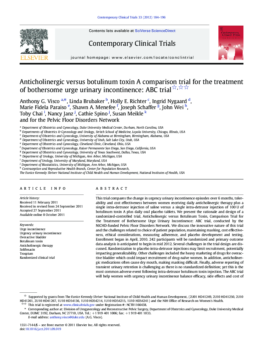 Anticholinergic versus botulinum toxin A comparison trial for the treatment of bothersome urge urinary incontinence: ABC trial 