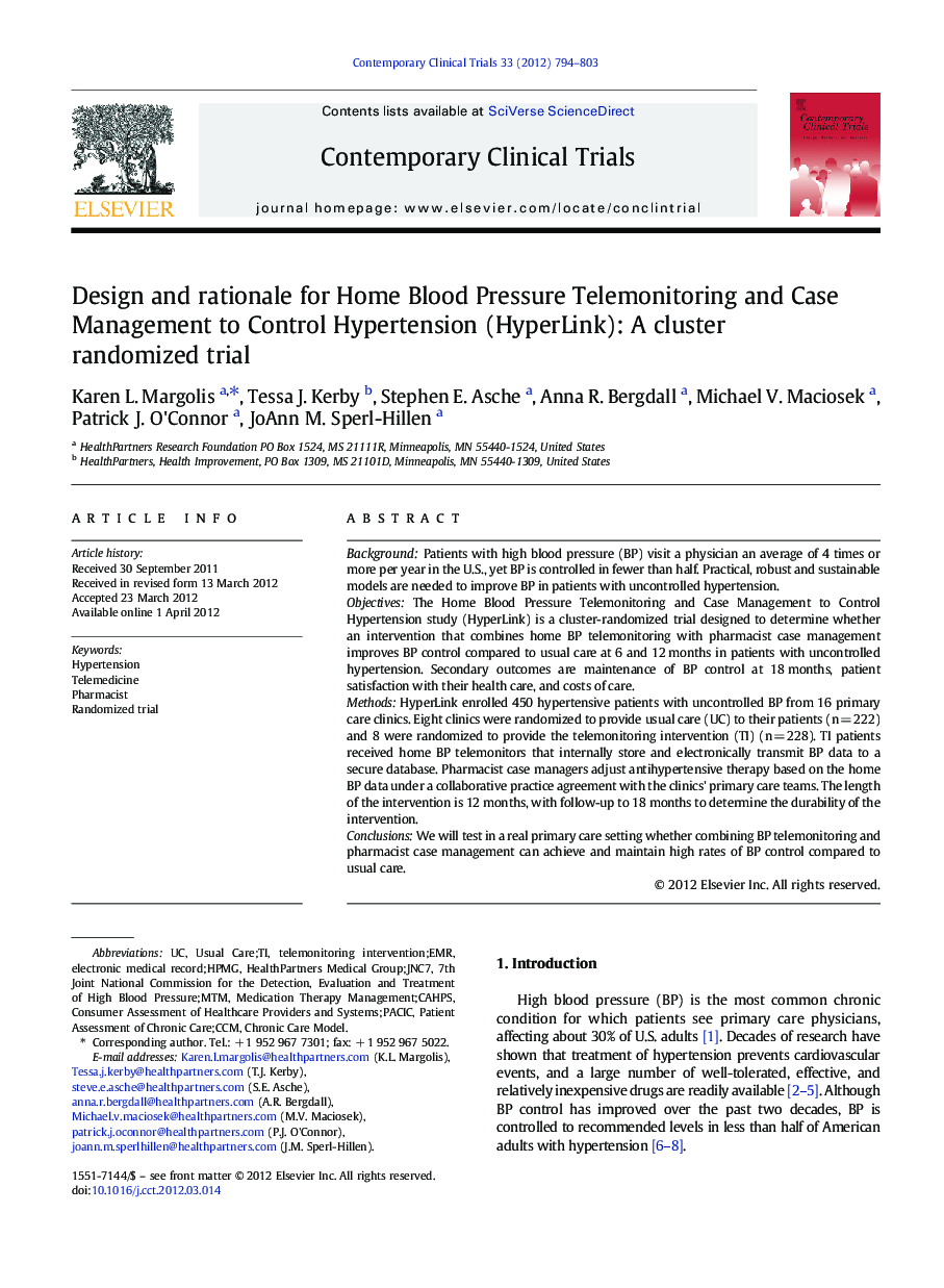 Design and rationale for Home Blood Pressure Telemonitoring and Case Management to Control Hypertension (HyperLink): A cluster randomized trial