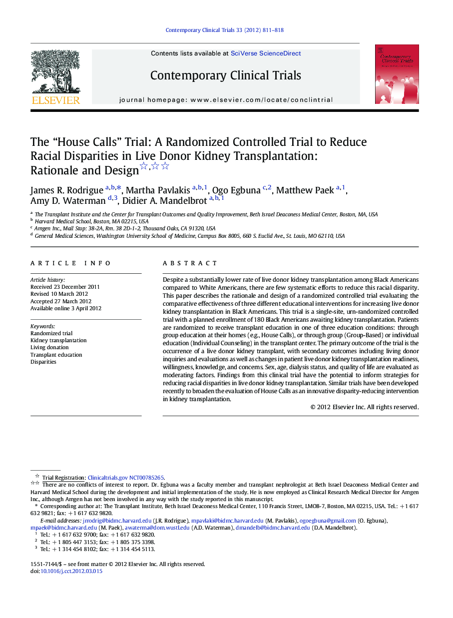 The “House Calls” Trial: A Randomized Controlled Trial to Reduce Racial Disparities in Live Donor Kidney Transplantation: Rationale and Design 