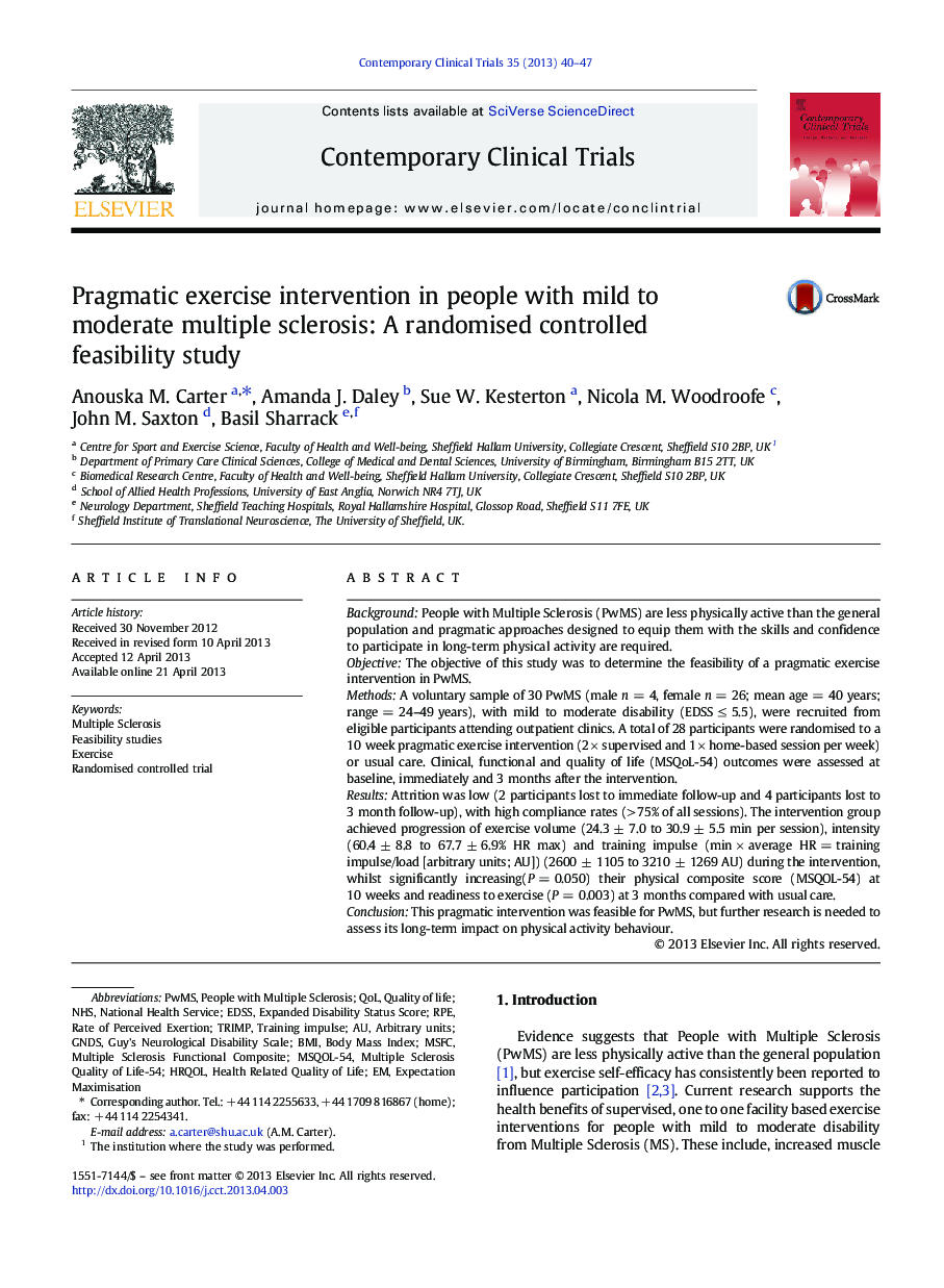 Pragmatic exercise intervention in people with mild to moderate multiple sclerosis: A randomised controlled feasibility study