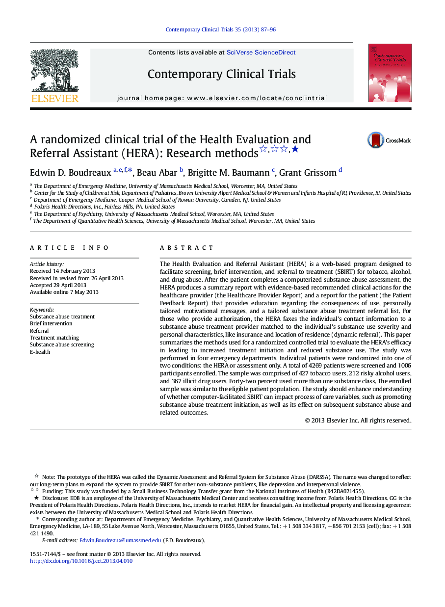 A randomized clinical trial of the Health Evaluation and Referral Assistant (HERA): Research methods ★