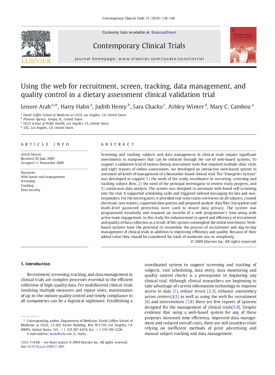 Using the web for recruitment, screen, tracking, data management, and quality control in a dietary assessment clinical validation trial