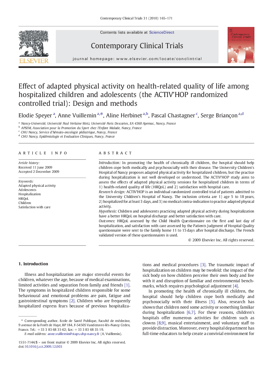 Effect of adapted physical activity on health-related quality of life among hospitalized children and adolescents (the ACTIV'HOP randomized controlled trial): Design and methods