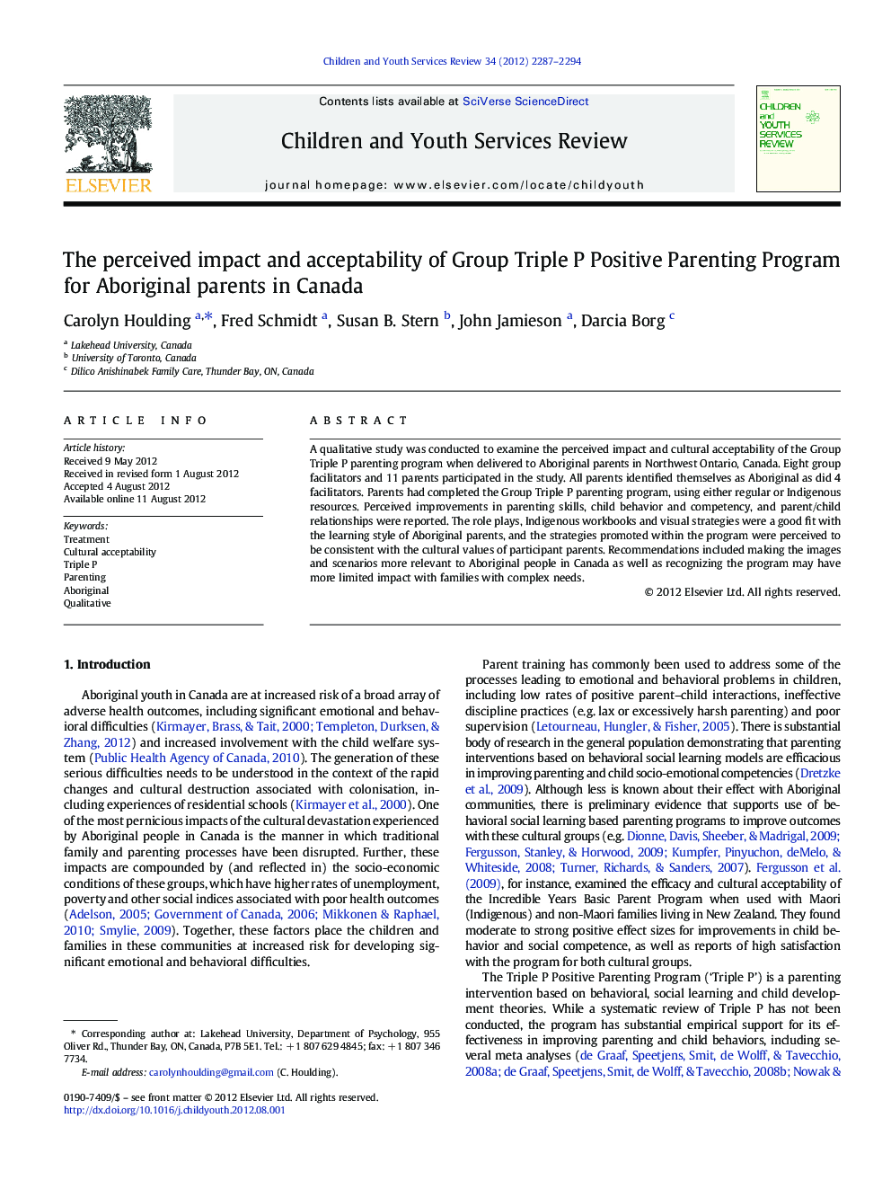 The perceived impact and acceptability of Group Triple P Positive Parenting Program for Aboriginal parents in Canada