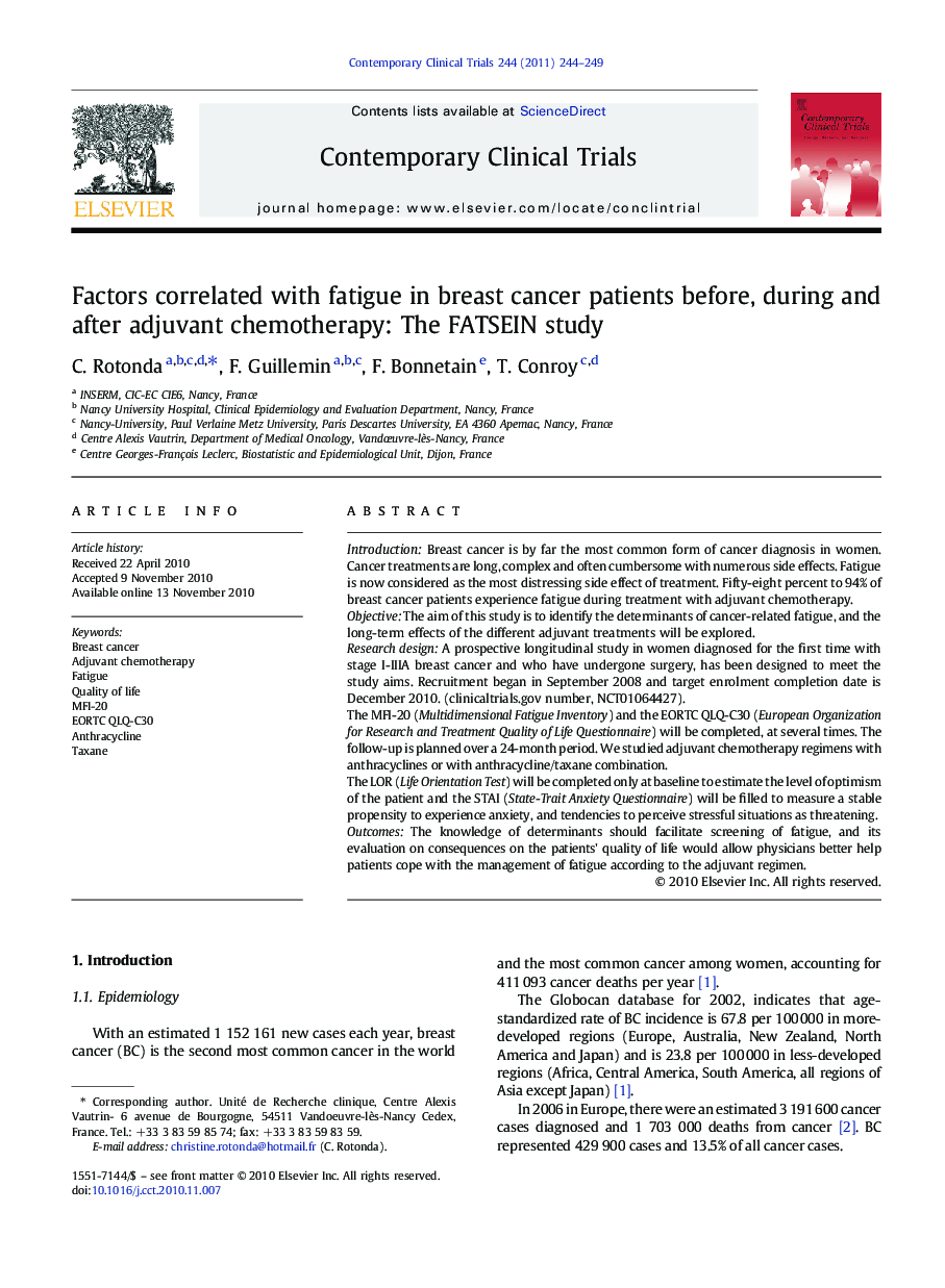 Factors correlated with fatigue in breast cancer patients before, during and after adjuvant chemotherapy: The FATSEIN study