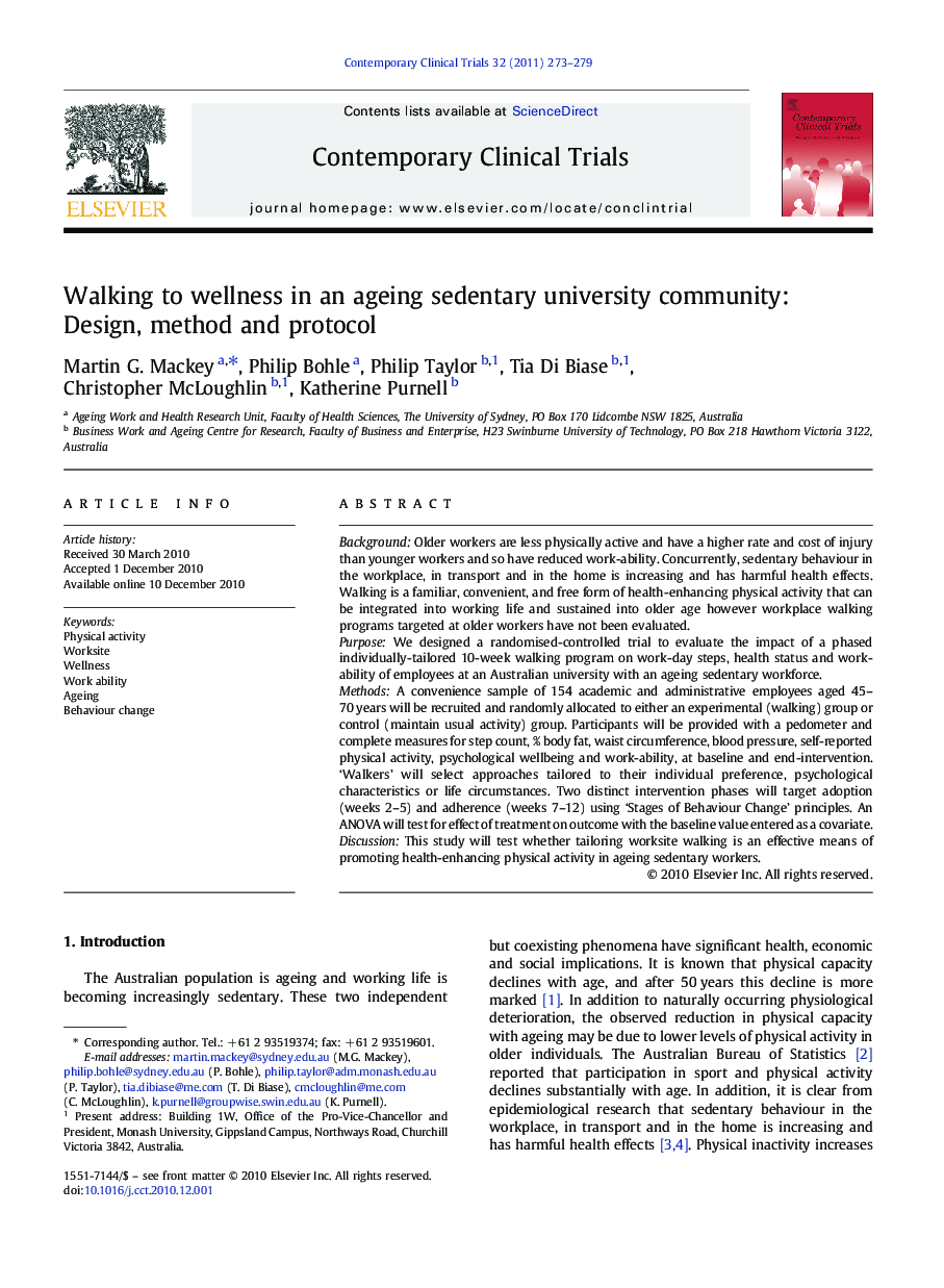 Walking to wellness in an ageing sedentary university community: Design, method and protocol