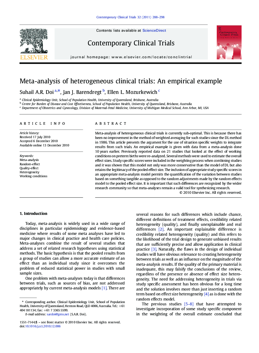 Meta-analysis of heterogeneous clinical trials: An empirical example