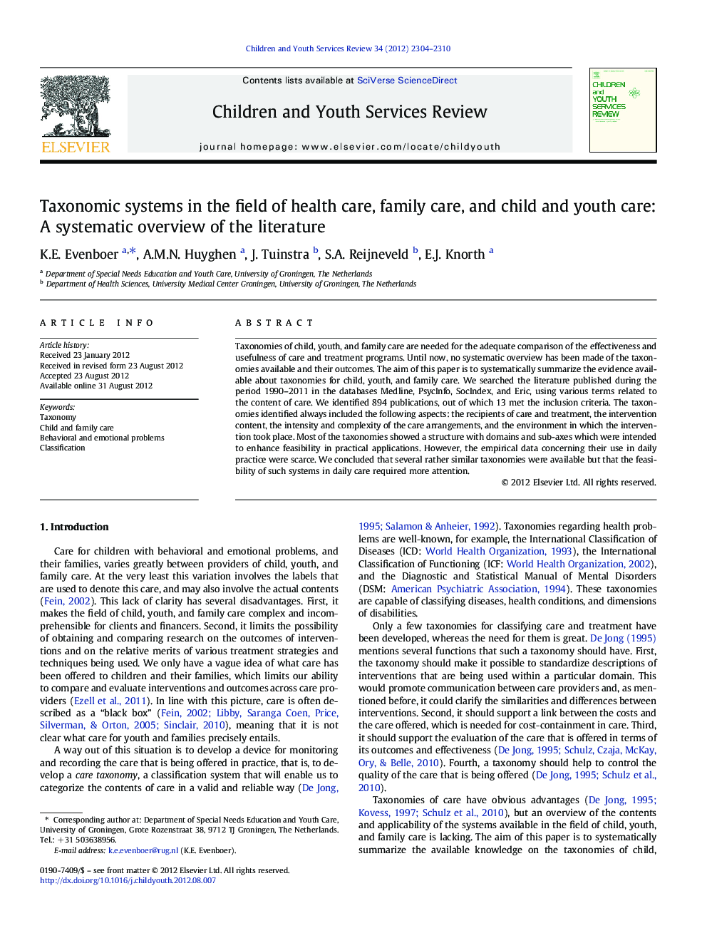 Taxonomic systems in the field of health care, family care, and child and youth care: A systematic overview of the literature