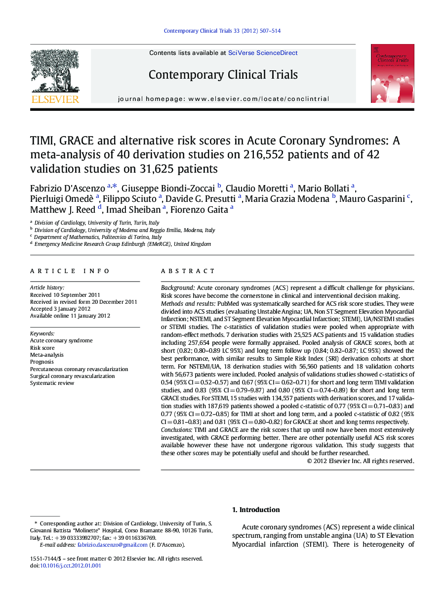 TIMI, GRACE and alternative risk scores in Acute Coronary Syndromes: A meta-analysis of 40 derivation studies on 216,552 patients and of 42 validation studies on 31,625 patients