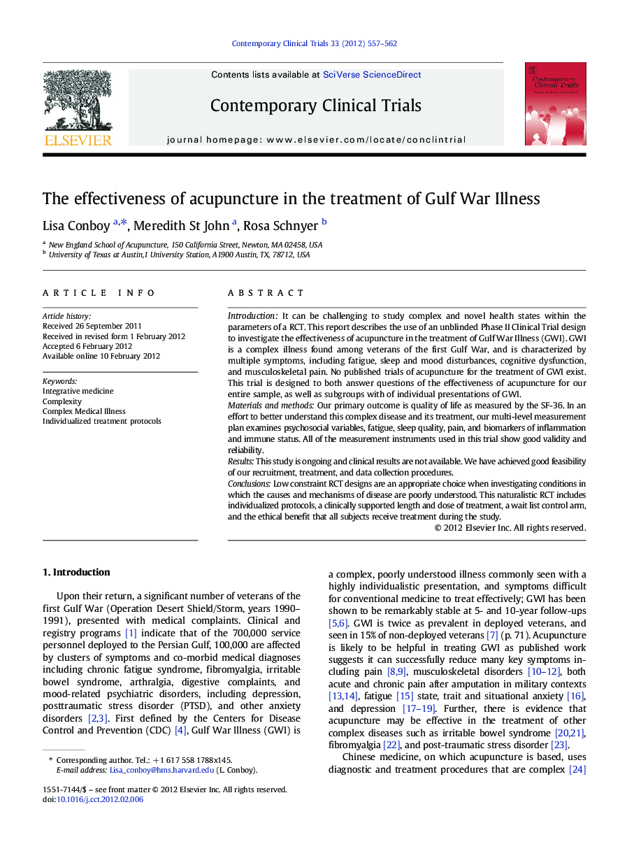 The effectiveness of acupuncture in the treatment of Gulf War Illness