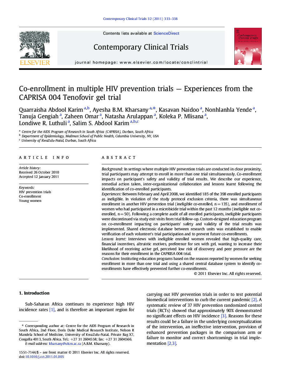 Co-enrollment in multiple HIV prevention trials — Experiences from the CAPRISA 004 Tenofovir gel trial