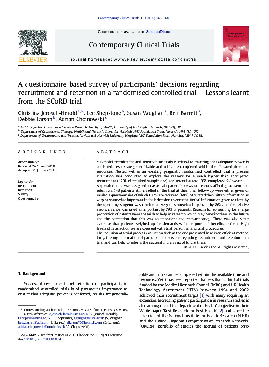 A questionnaire-based survey of participants' decisions regarding recruitment and retention in a randomised controlled trial — Lessons learnt from the SCoRD trial