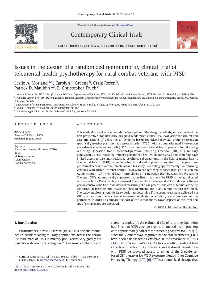 Issues in the design of a randomized noninferiority clinical trial of telemental health psychotherapy for rural combat veterans with PTSD