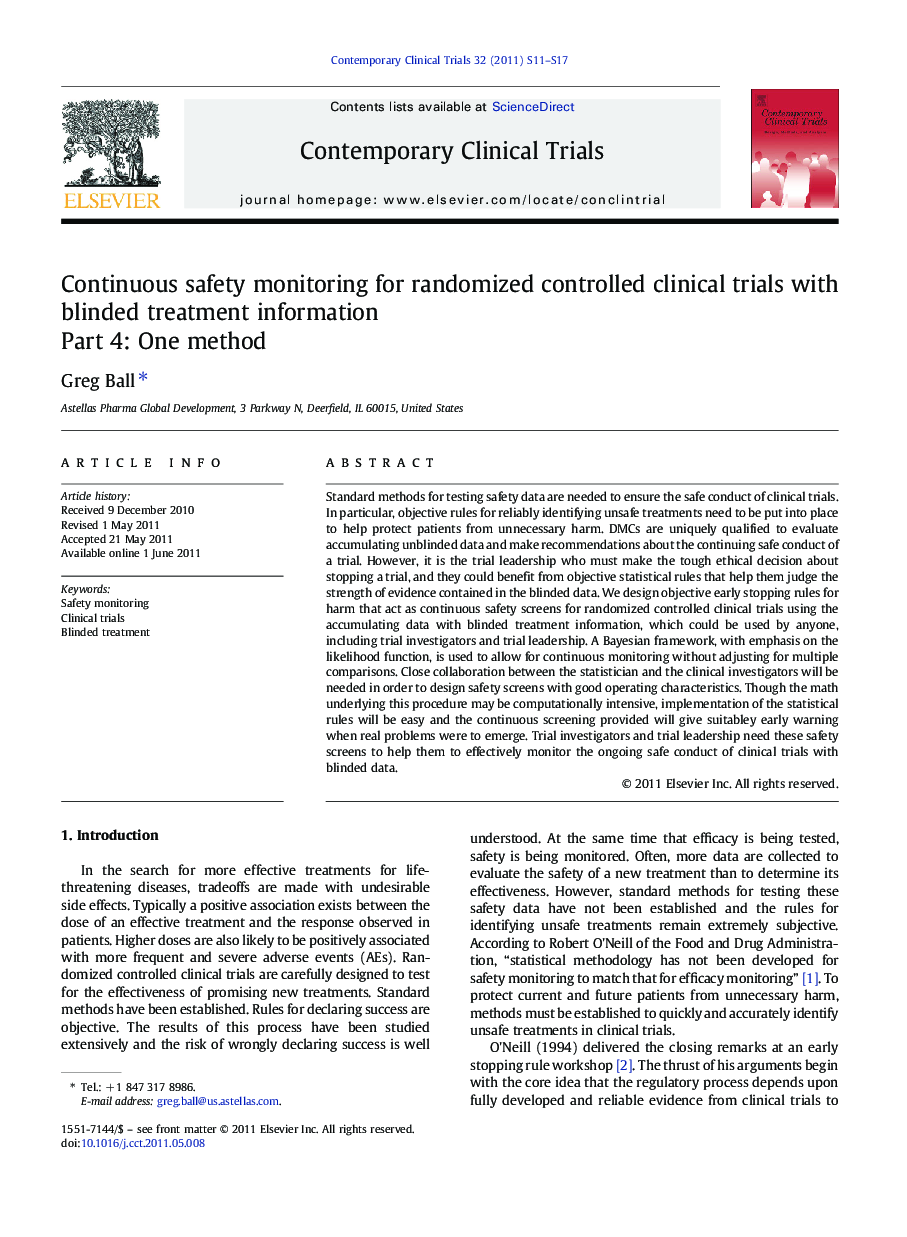 Continuous safety monitoring for randomized controlled clinical trials with blinded treatment information: Part 4: One method