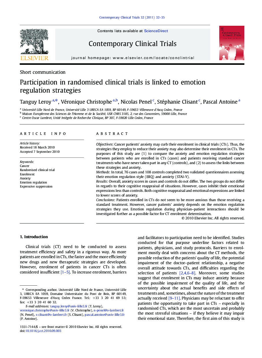 Participation in randomised clinical trials is linked to emotion regulation strategies