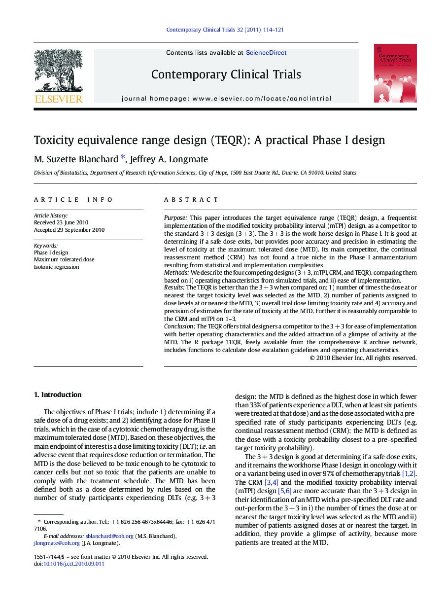 عکس صفحه اول مقاله: Toxicity equivalence range design (TEQR): A practical Phase I design Toxicity equivalence range design (TEQR): A practical Phase I design