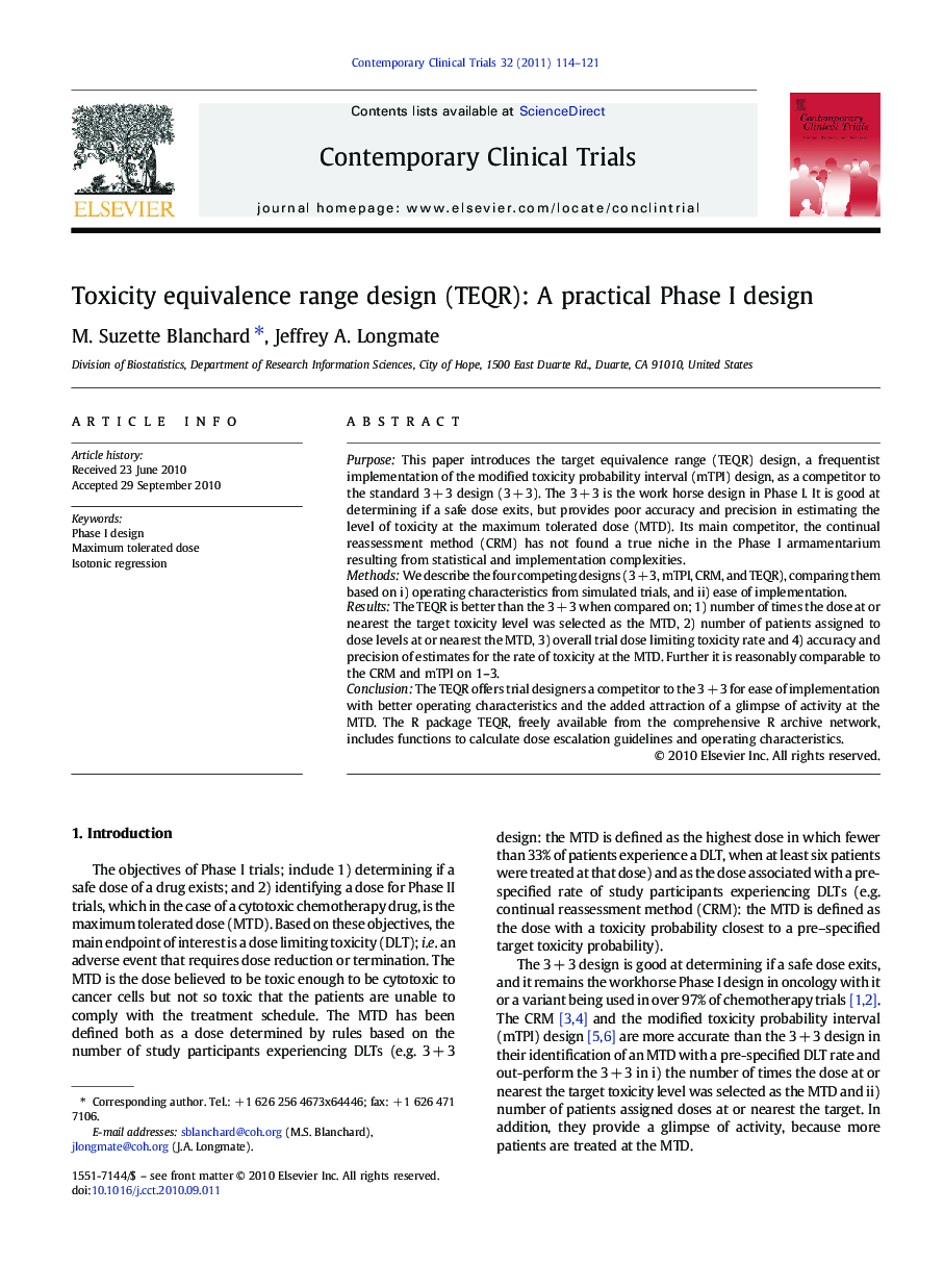 Toxicity equivalence range design (TEQR): A practical Phase I design