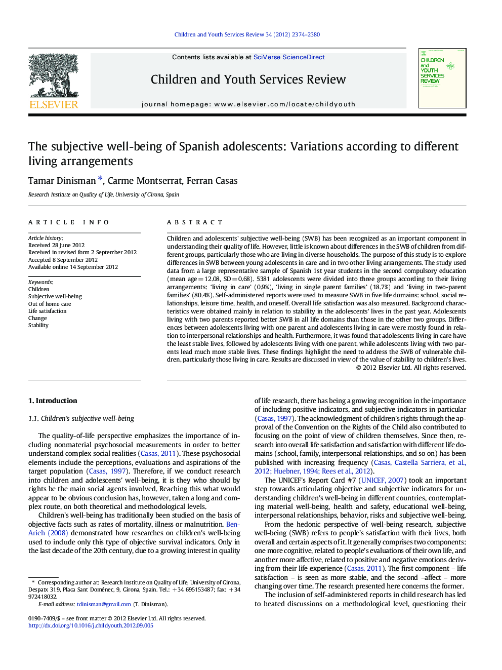 The subjective well-being of Spanish adolescents: Variations according to different living arrangements