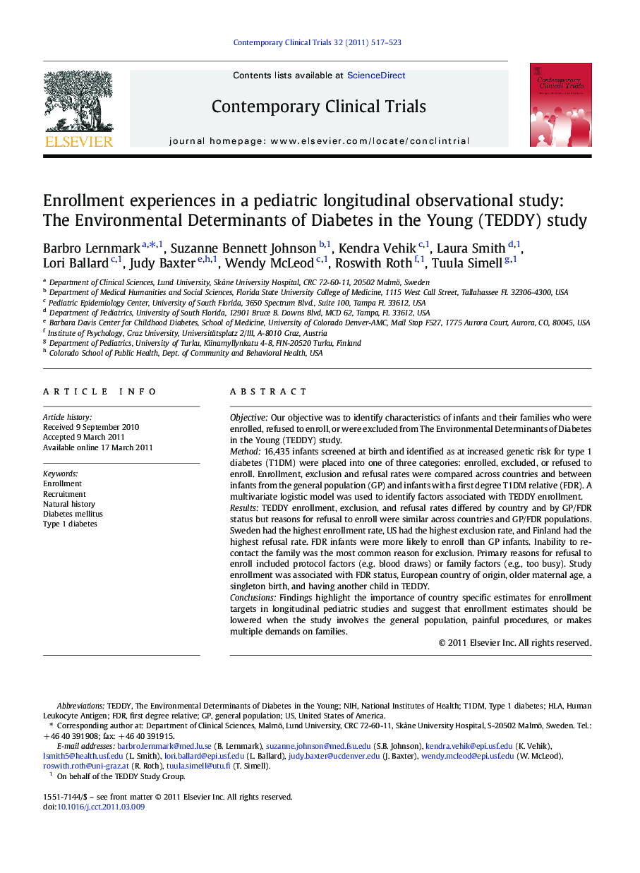 Enrollment experiences in a pediatric longitudinal observational study: The Environmental Determinants of Diabetes in the Young (TEDDY) study