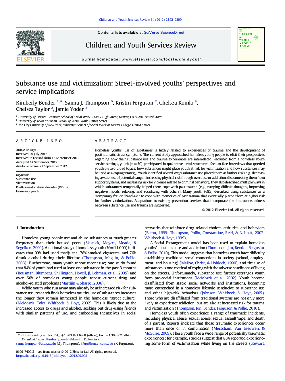 Substance use and victimization: Street-involved youths' perspectives and service implications